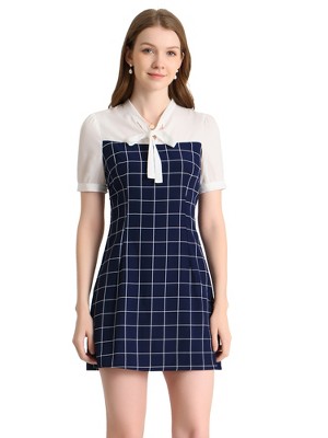 Allegra K Women's Elegant Plaid Panel Tie Neck Puff Short Sleeve Work Dress