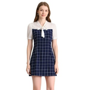 Allegra K Women's Elegant Plaid Panel Tie Neck Puff Short Sleeve Work Dress - 1 of 4