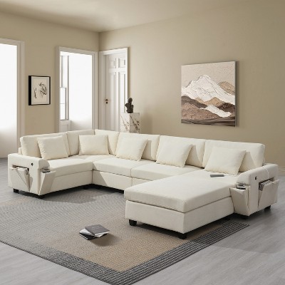 Whisen Modern Chenille U-shaped Sectional Sofa with Oversized Ottoman, Hidden Armrest Storage and Cup Holders, USB Charging Ports