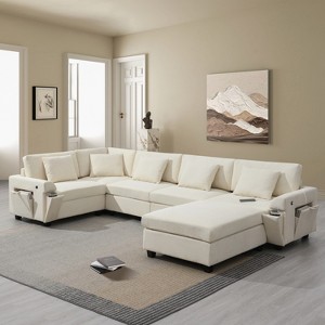 Whisen Modern Chenille U-shaped Sectional Sofa with Oversized Ottoman, Hidden Armrest Storage and Cup Holders, USB Charging Ports - 1 of 4