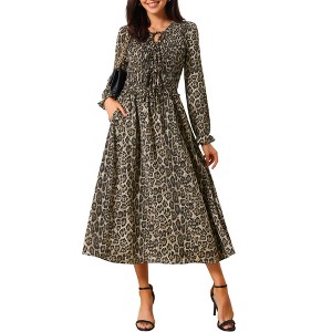 INSPIRE CHIC Women's Leopard Print Long Sleeve Tie V Neck Flowy Party Y2k Cheetah Dresses with Pockets - 1 of 4