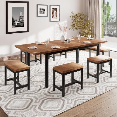 7-Piece Walnut Dining Table Set with 6 Stools