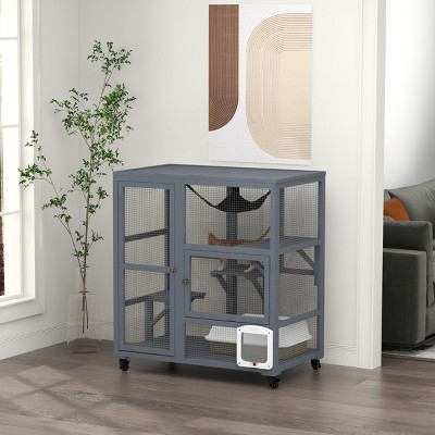 39" Indoor Wooden Cat House on Wheels,Multi Level Enclosure with Hammock,Platforms and Cat Flap - LAOTIES