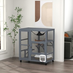 39" Indoor Wooden Cat House on Wheels,Multi Level Enclosure with Hammock,Platforms and Cat Flap - LAOTIES - 1 of 4