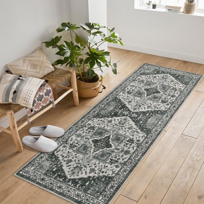 Machine Washable Runner Rugs, Non Slip Indoor Soft Accent Distressed Boho Vintage Print Lightweight Thin Low Pile Carpet