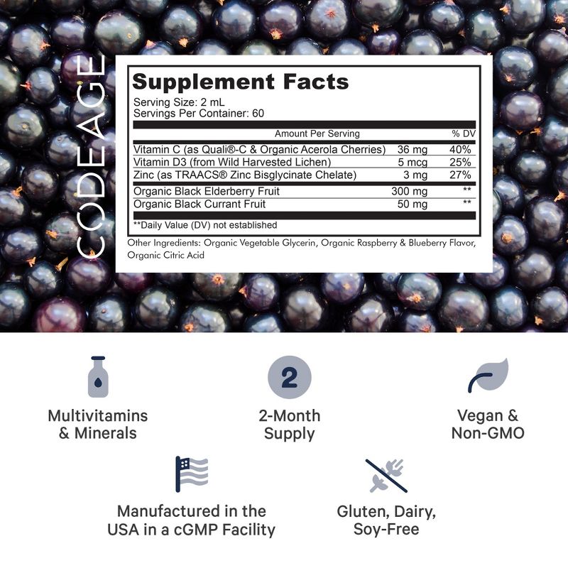 Codeage Elderberry Immune Complex Syrup, Black Sambucus + Vitamin C, D3,  & Zinc, Adults & Kids Liquid Supplement - 4 Fl Oz, 2 of 10