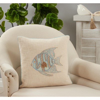 Aqua Embroidered Fish Square Throw Pillow with Down Filling