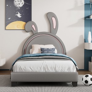 Whisen Upholstered Leather Platform Bed with Rabbit Shaped Headboard - 1 of 4