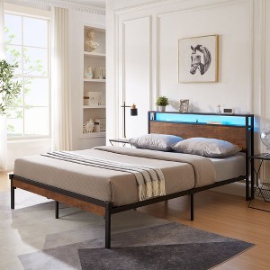 NicBex Metal Platform Bed Frame with Wooden Storage Headboard,Built in Charging Station and LED,No Box Spring Needed,Easy Assembly,Black+Brown - 1 of 4