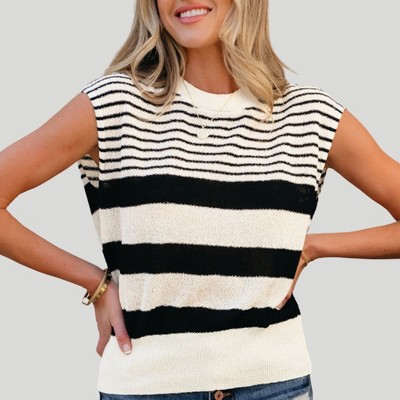 Amaryllis Women’s Sleeveless Striped Knit Sweater Tank Crew Neck Textured Pullover Classic Fit Casual Top