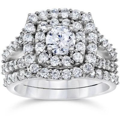 Pompeii3 2 Ct TW Diamond Engagement Cushion Halo Engagement Ring Set White Gold Lab Created