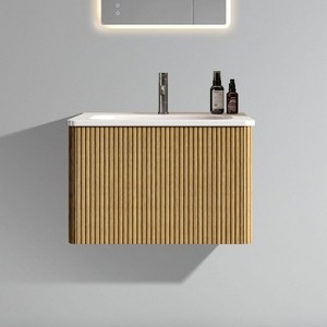 FAMYYT 24 in. Single Sink Floating Oak Bath Vanity with White Ceramic Top (Assembled), Curved Edges - 1 of 4