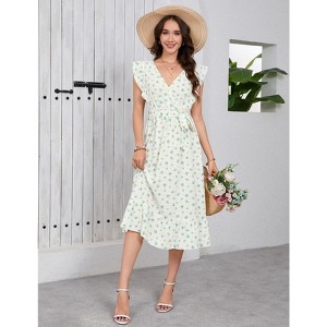 Coolmee Women's Cross Neck Ruffle Flying Short Sleeve Floral Dress Summer Sun Beach With Waist Belt Midi Dress - 1 of 4