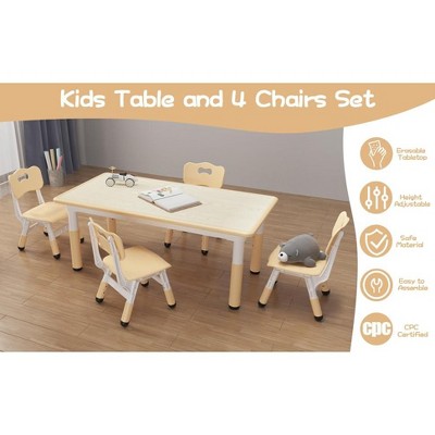 Kids Table and Chair Set, Children Activity Desk w/Easy Wipe Graffiti Desktop & Non-Slip Legs, Height Adjustable Toddler Table & 4 Chairs Set
