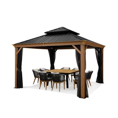 PURPLE LEAF Outdoor Hardtop Gazebo for Patio Galvanized Steel Double Roof Permanent Canopy Teak Finish Aluminum Frame Pavilion Gazebo with Netting
