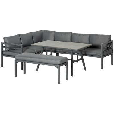 Outsunny Patio Conversation Furniture Set, Seats 8, 4 Piece L-Shaped Outdoor Sectional Sofa with Dining Table, 2 Couches, Cushions and Bench, Heather Grey