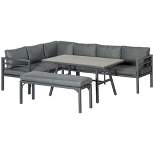 Outsunny 4 Piece Patio Furniture Set, Outdoor L-Shaped Sectional Sofa with 2 Couches, Bench, Dining Table, Cushions, Aluminum Conversation Set, Gray