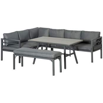 Outsunny 4 Piece Patio Furniture Set, Outdoor L-Shaped Sectional Sofa with 2 Couches, Bench, Dining Table, Cushions, Aluminum Conversation Set, Gray