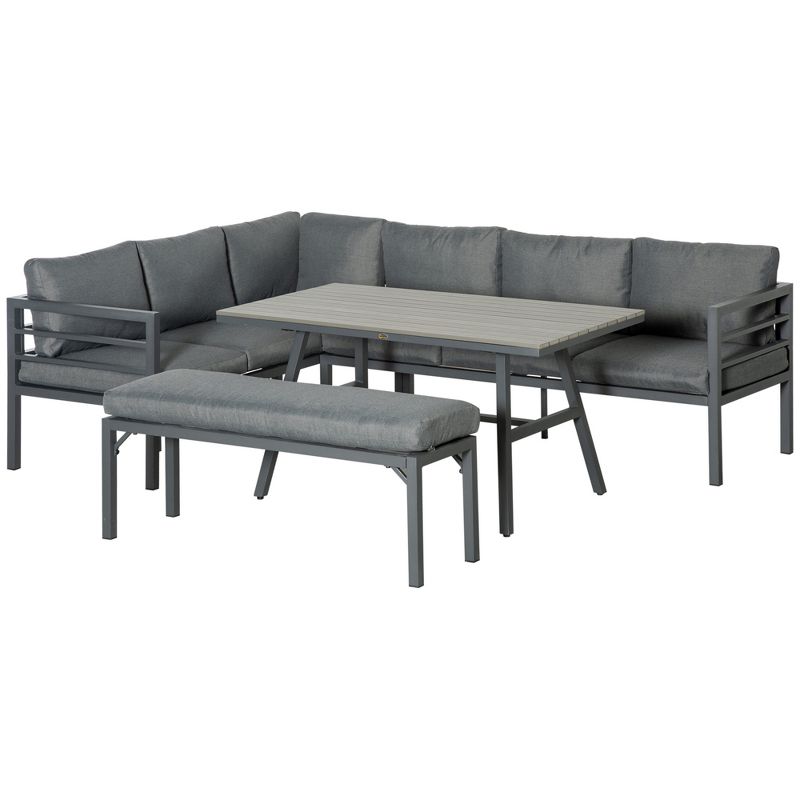 Outsunny 4 Piece Patio Furniture Set, Outdoor L-Shaped Sectional Sofa with 2 Couches, Bench, Dining Table, Cushions, Aluminum Conversation Set, Gray, 1 of 7
