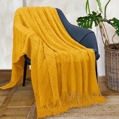 Mustard Yellow Knitted Fleece Reversible Throw Blanket