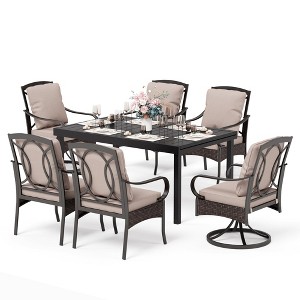 Captiva Designs 7pc Patio Dining Set with Slat-top Rectangle Table & Rattan Metal Fixed Chairs & Swivel Arm Chairs - 1 of 4