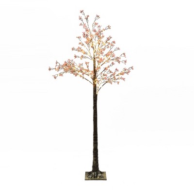 LuxenHome 5Ft Artificial Baby's Breath Tree with Pink Flowers and 300 Micro LED Lights
