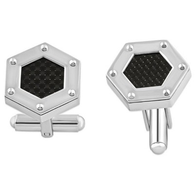 Pompeii3 Men's Stainless Steel And Black Carbon Fiber Hexagon Polished 16.5mm Cufflink