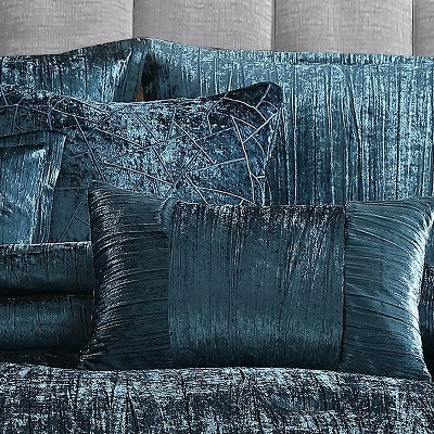Royal Blue Crinkle Velvet King Comforter Set with Decorative Pillows