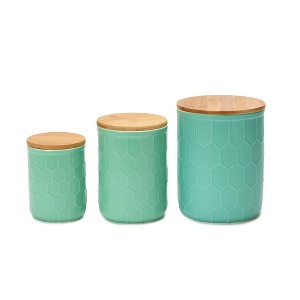 Storied Home Farmhouse Stoneware Canisters with Honeycomb Design and Bamboo Lids, Mint Green and Natural, Set of 3 Sizes - 1 of 4