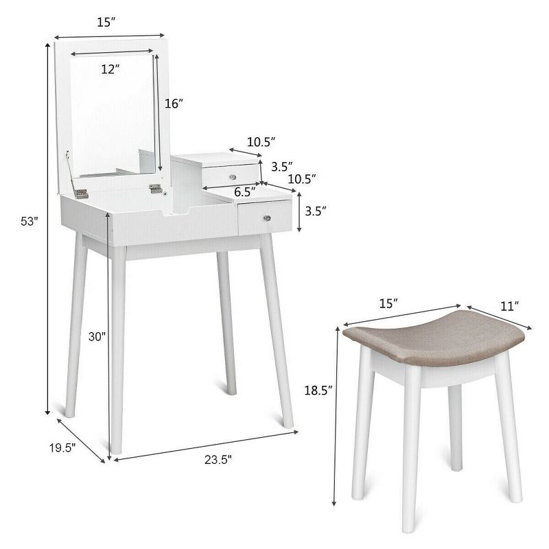 Costway Vanity Dressing Table Flip Desk Furniture Stool 2 White, 2 of 10