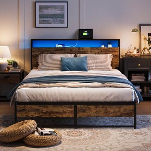 Metal Bed Frame with Headboard Shelf, Charging, LED - 1 of 4