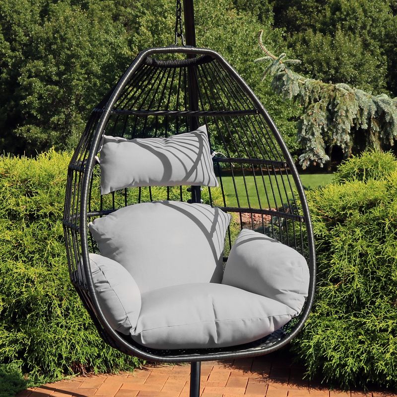 Sunnydaze Outdoor Resin Wicker Delaney Hanging Basket Egg Chair Swing with Cushions and Headrest - Gray - 2pc, 2 of 11