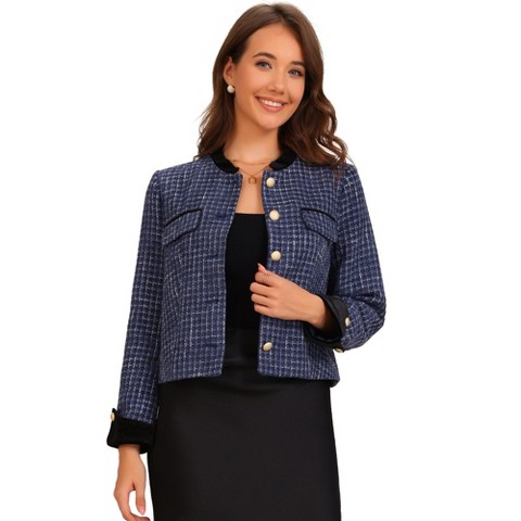 Женские пиджаки Allegra K Elegant Tweed Plaid Button Winter Fall Work Office Short Suit Blazer Blue Large