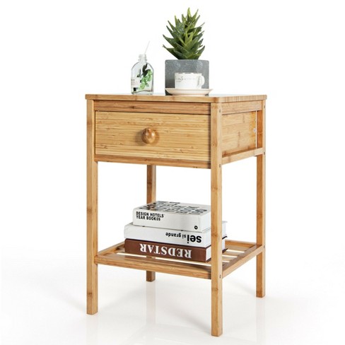 Bamboo Wooden Nightstand End Side Bedside Table w/Drawer Storage Organizer Shelf 