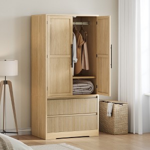 Bedroom Wooden Armoire Wardrobe Closet, Wardrobe Armoire Cabinet with 2 Glass Doors and Drawers, Freestanding Armoire with Shelves & Hanging Rod - 1 of 4