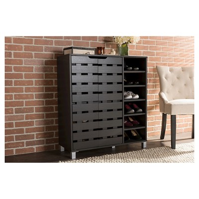 Shirley Dark Brown Wood and Metal 2-Door Shoe Cabinet with Open Shelves