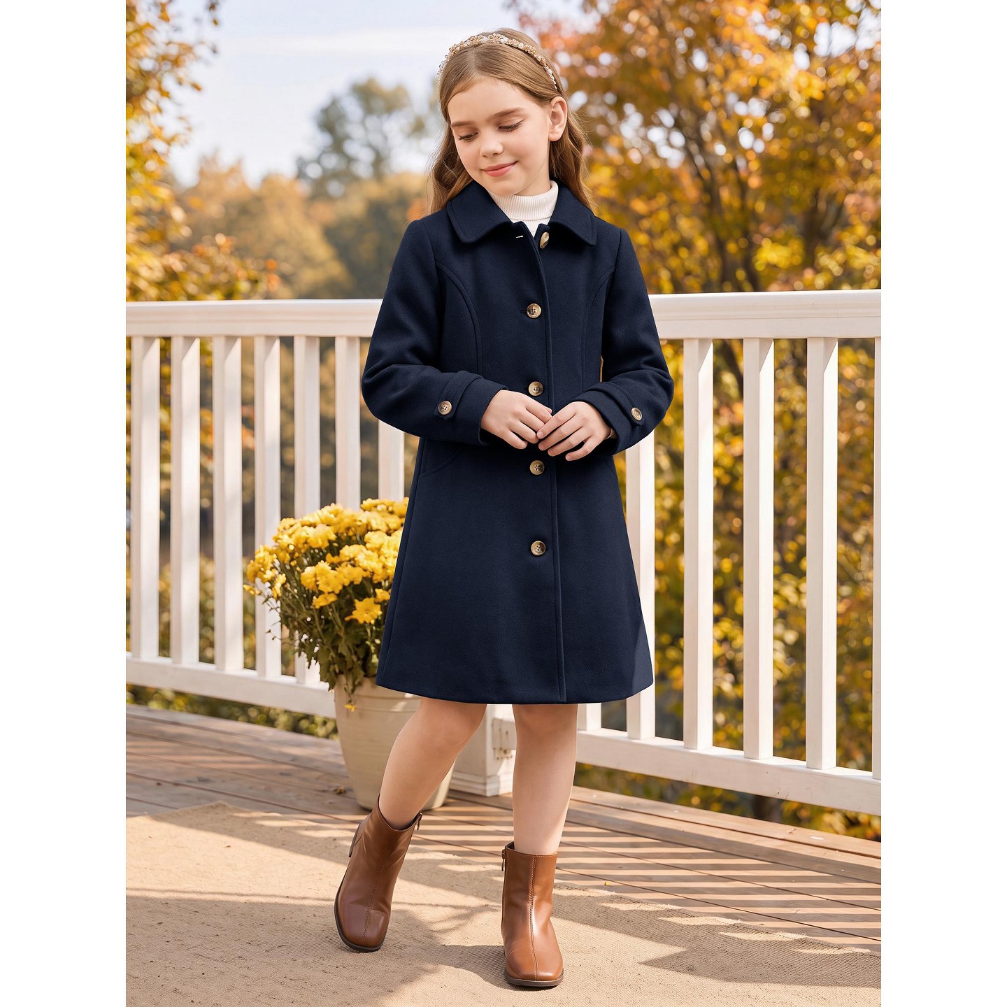Куртка INSPIRE CHIC Lapel Single-Breasted Dress Coat Mid-Length Winter Outerwear 5-12 Years Small Dark Blue для девочек, цвет: Тёмный синий — фото 2