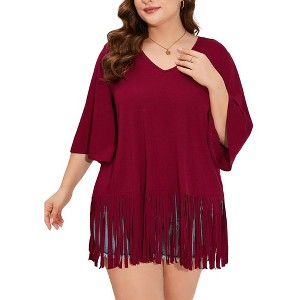 Women's Plus Size Fringe Hem Short Sleeve V-Neck T Shirt Tops - 1 of 4