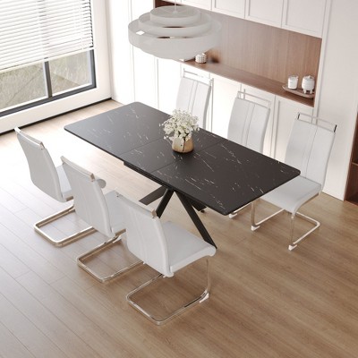 NicBex Dining Table Set for 6 Modern Extendable Dining Room Table with MDF Tabletop, Trestle Base and 6 PU Chairs for Kitchen