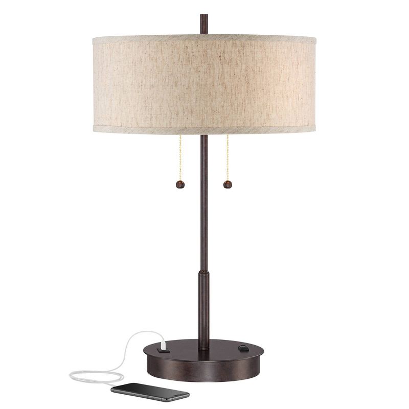 360 Lighting Modern Accent Table Lamp with USB and AC Power Outlet 23 1/2" High Bronze Fabric Drum Shade for Bedroom Living Room House Desk Bedside, 1 of 10