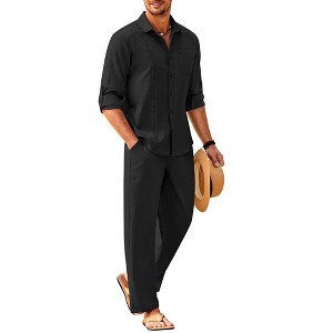 COOFANDY Mens Linen Sets 2 Piece Long Sleeve Button Down Cuban Shirt and Pants Set Summer Beach Set Outfits - 1 of 4