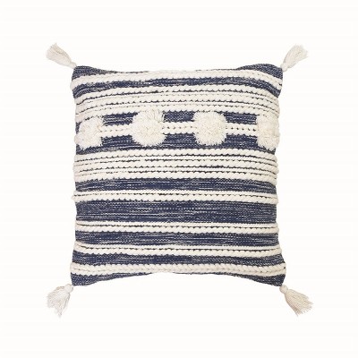 Blue and White Hand Woven 20 x 20 inch Decorative Cotton Throw Pillow Cover with Insert and Hand Tied Braiding, Pom-Poms and Tassels - Foreside Home &