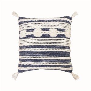 Blue and White Hand Woven 20 x 20 inch Decorative Cotton Throw Pillow Cover with Insert and Hand Tied Braiding, Pom-Poms and Tassels - Foreside Home & - 1 of 4