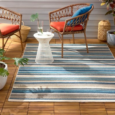 Blue Multicolor Stripe Synthetic Indoor Outdoor Area Rug