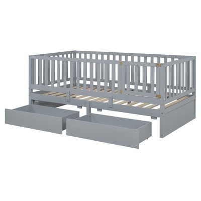 NicBex Daybed, Wooden Day Bed with Fence Guardrails and 2 Drawers, Sofa Bed Frame with Floor Bed