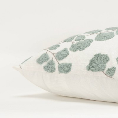 Ivory and Gray Embroidered Cotton Square Throw Pillow