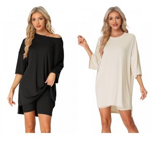 INSPIRE CHIC Women's 2 Pcs Knit Loungewear 3/4 Sleeve T-Shirt with Bike Shorts Pajama Set - 1 of 4
