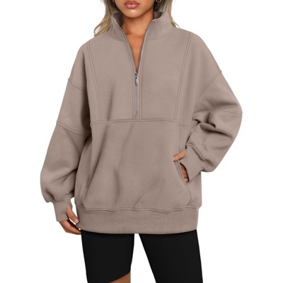 Clearlove Women's Thermal Fleece Lined Half Zip Pullover Stand Collar Relaxed Fit Sweatshirt with Functional Pockets Solid Color Casual Pullover