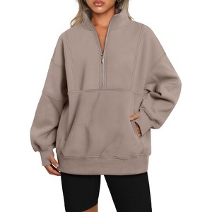 Clearlove Women's Thermal Fleece Lined Half Zip Pullover Stand Collar Relaxed Fit Sweatshirt with Functional Pockets Solid Color Casual Pullover - 1 of 3