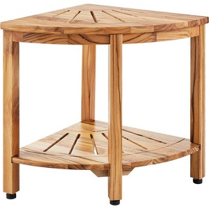 VEVOR Corner Teak Shower Bench, 18.5" Height 15.5" Radius, 100% Teak Wood Corner Shower Beach, 500 LBS with Storage Shelf, Shower Stool, Brown - 1 of 4